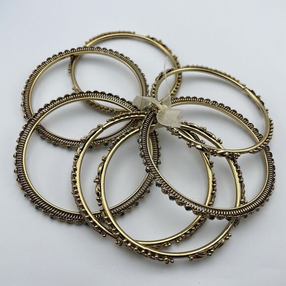 Stunning Gold Tone Blue Rhinestone 7 Piece Metal Bangle Bracelet Set New 7.5" - Picture 3 of 7